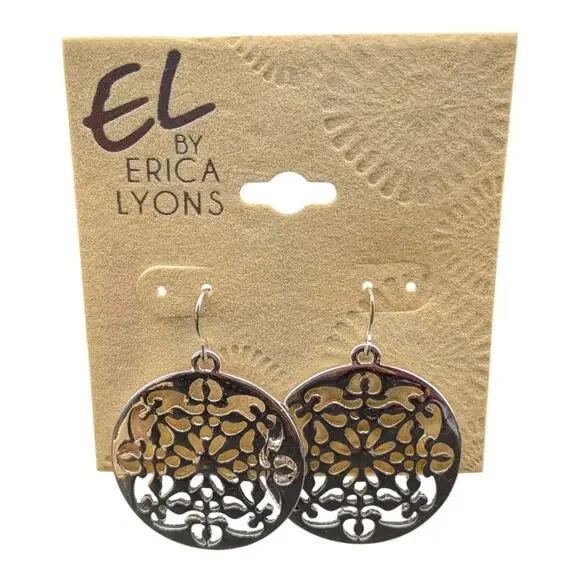 EL by Erica Lyons Silver Tone Filigree Drop Earrings Round Boho Dangle NWT - Picture 10 of 11